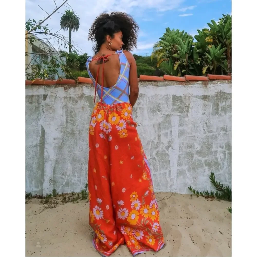 Free People Linen Bali Honeydew Jumpsuit in Fiesta Combo Size Small NWT Bohemian
